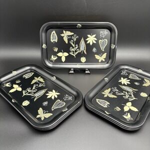 MCM Metal Trays Serving Platters  Butterflies Leaves Flowers Black Gold 1960 8pc